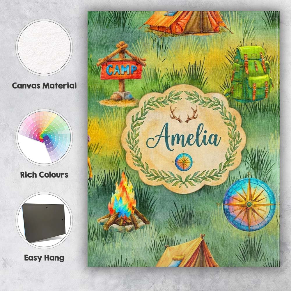 Personalised Name Camping Adventure Gear Watercolor Seamless Pattern Custom  Home Canvas Wall Art Print Decor Picture Ready to Hang