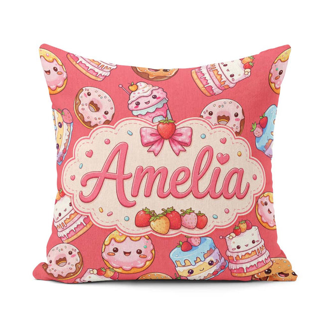 Custom Name Kawaii Donuts Cakes Desserts Red Background Seamless Square Filled Cushion Throw Pillow Sofa Bed Home Decor Zip Washable UK Made