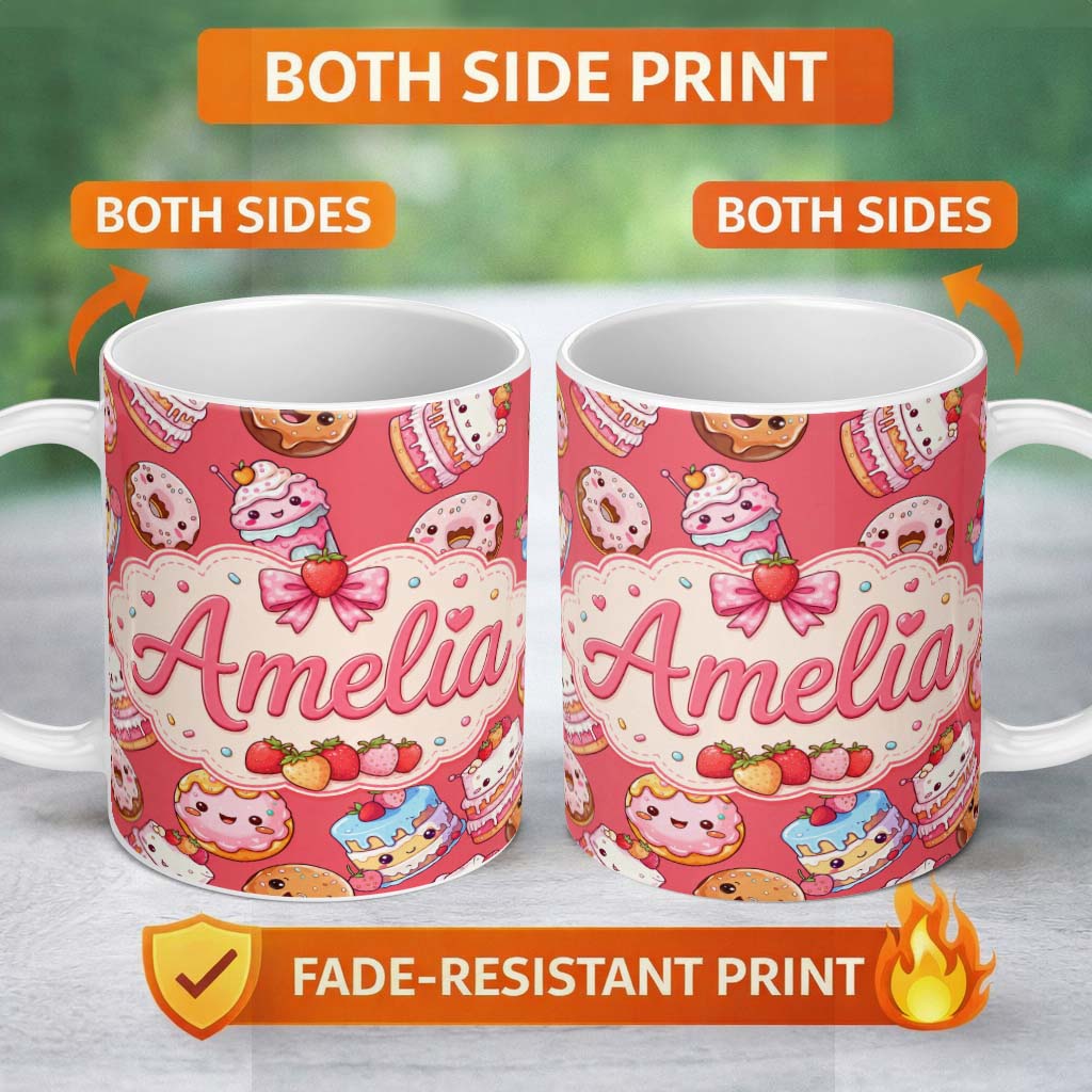 Personalized Custom Name Cute Kawaii Donuts Cakes Desserts Red Background Seamless Pattern 11oz Ceramic Coffee Tea Mug White Large Handle