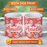 Personalized Custom Name Cute Kawaii Donuts Cakes Desserts Red Background Seamless Pattern 11oz Ceramic Coffee Tea Mug White Large Handle