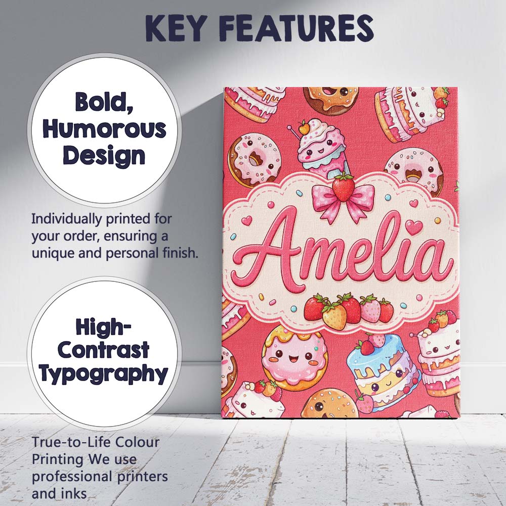 Personalised Name Cute Kawaii Donuts Cakes Custom  Unique Gift Idea Elegant Feature Canvas Wall Art Print Decor Picture Ready to Hang
