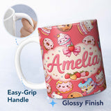 Personalized Custom Name Cute Kawaii Donuts Cakes Desserts Red Background Seamless Pattern 11oz Ceramic Coffee Tea Mug White Large Handle
