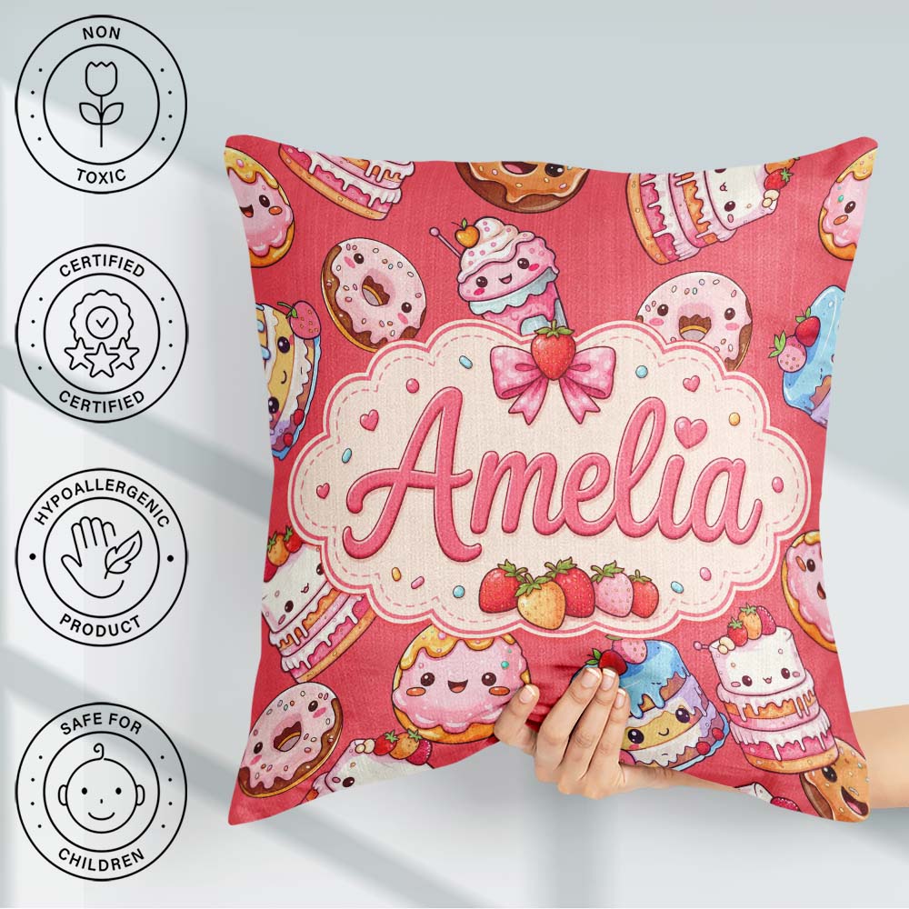 Custom Name Kawaii Donuts Cakes Desserts Red Background Seamless Square Filled Cushion Throw Pillow Sofa Bed Home Decor Zip Washable UK Made