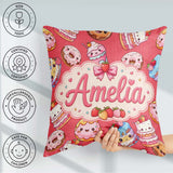 Custom Name Kawaii Donuts Cakes Desserts Red Background Seamless Square Filled Cushion Throw Pillow Sofa Bed Home Decor Zip Washable UK Made