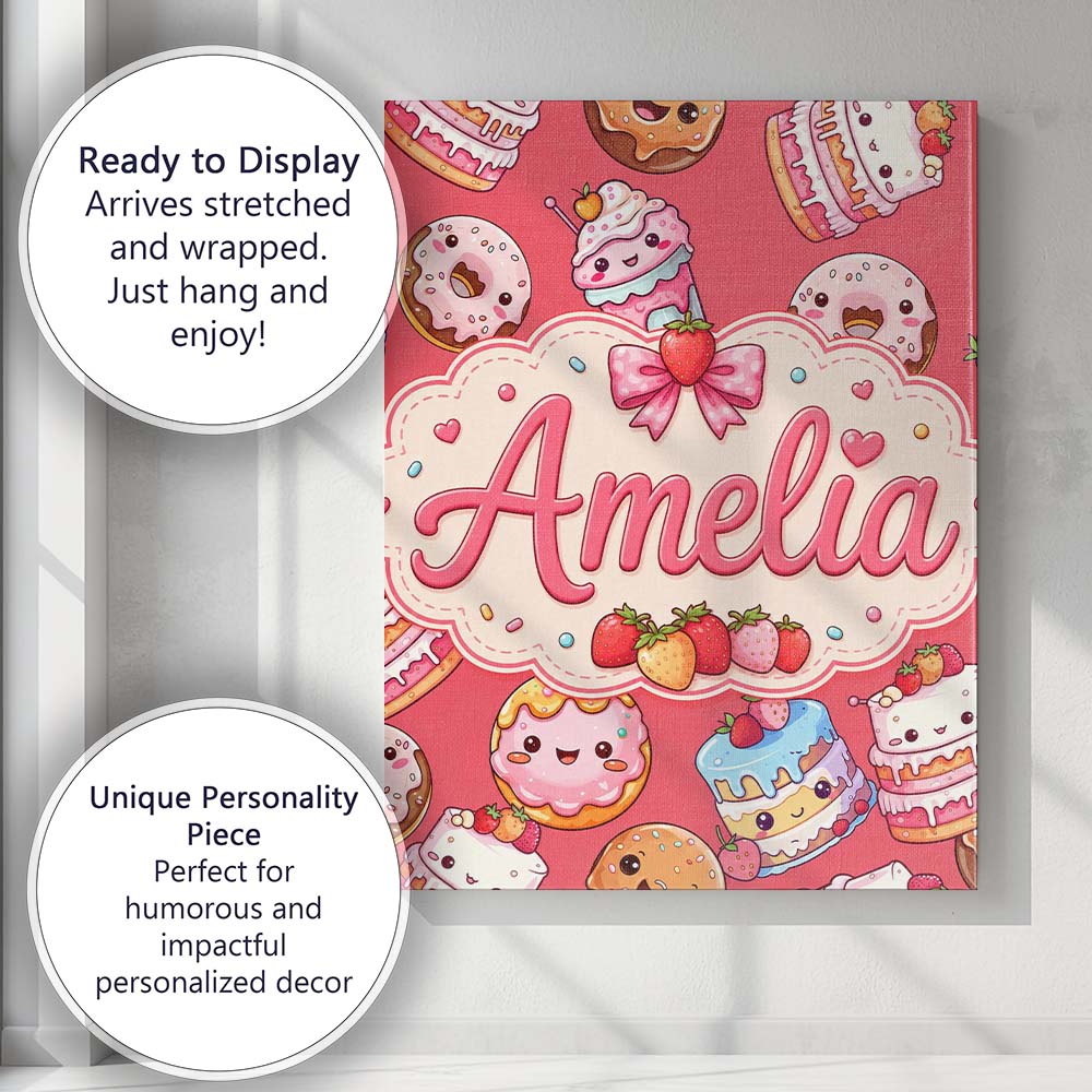 Personalised Name Cute Kawaii Donuts Cakes Custom  Unique Gift Idea Elegant Feature Canvas Wall Art Print Decor Picture Ready to Hang