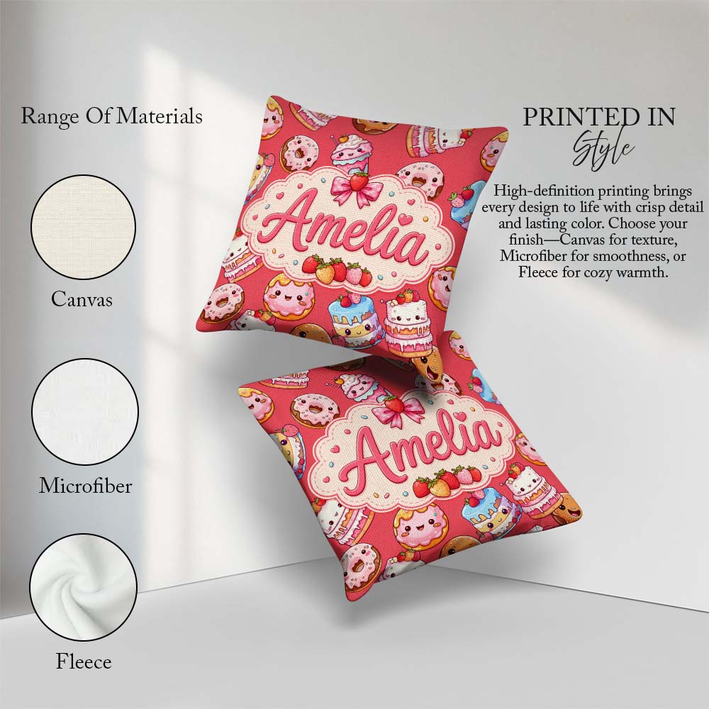 Custom Name Kawaii Donuts Cakes Desserts Red Background Seamless Square Filled Cushion Throw Pillow Sofa Bed Home Decor Zip Washable UK Made