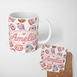 Personalized Custom Name Cute Kawaii Donuts Cakes Desserts Light Grey Background Seamless 11oz Ceramic Coffee Tea Mug White Large Handle