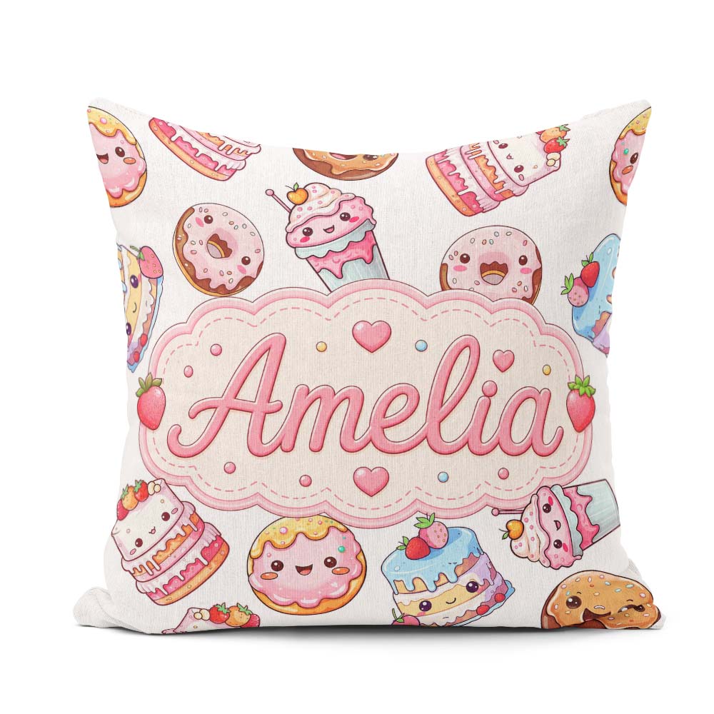 Custom Name Kawaii Cakes Desserts Light Grey Background Seamless Square Filled Cushion Throw Pillow Sofa Bed Home Decor Zip Washable UK Made