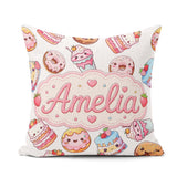 Custom Name Kawaii Cakes Desserts Light Grey Background Seamless Square Filled Cushion Throw Pillow Sofa Bed Home Decor Zip Washable UK Made