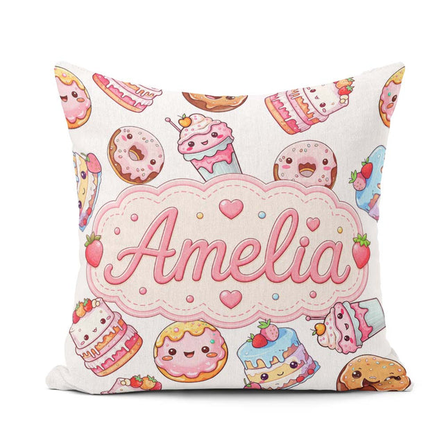 Custom Name Kawaii Cakes Desserts Light Grey Background Seamless Square Filled Cushion Throw Pillow Sofa Bed Home Decor Zip Washable UK Made