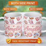 Personalized Custom Name Cute Kawaii Donuts Cakes Desserts Light Grey Background Seamless 11oz Ceramic Coffee Tea Mug White Large Handle