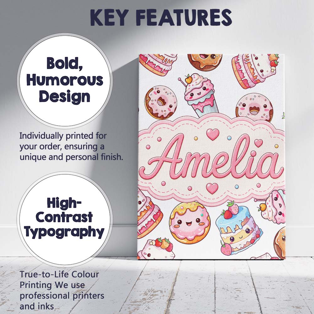 Personalised Name Cute Kawaii Donuts Cakes Custom  Unique Gift Idea Elegant Feature Canvas Wall Art Print Decor Picture Ready to Hang