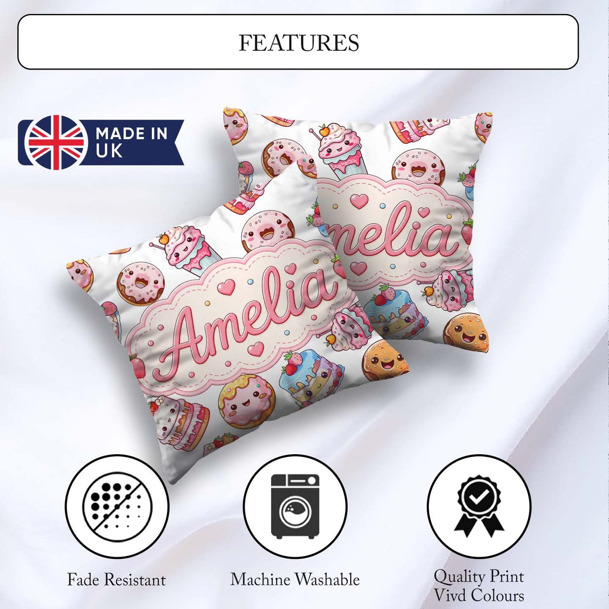 Custom Name Kawaii Cakes Desserts Light Grey Background Seamless Square Filled Cushion Throw Pillow Sofa Bed Home Decor Zip Washable UK Made