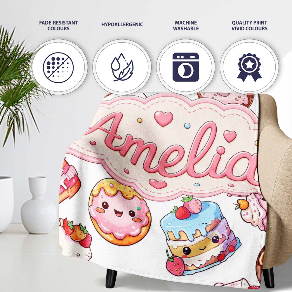 Cute Kawaii Donuts Cakes Desserts Light Grey Background Seamless  Personalised Custom Name Super Soft Fleece Blanket Bed Sofa Throw