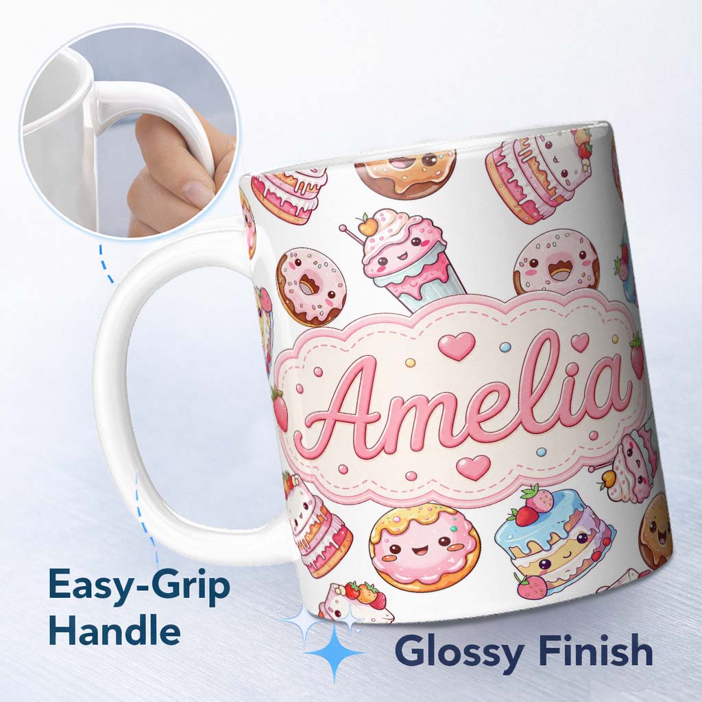 Personalized Custom Name Cute Kawaii Donuts Cakes Desserts Light Grey Background Seamless 11oz Ceramic Coffee Tea Mug White Large Handle
