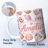 Personalized Custom Name Cute Kawaii Donuts Cakes Desserts Light Grey Background Seamless 11oz Ceramic Coffee Tea Mug White Large Handle