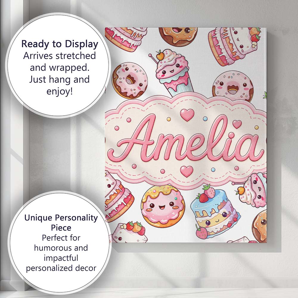 Personalised Name Cute Kawaii Donuts Cakes Custom  Unique Gift Idea Elegant Feature Canvas Wall Art Print Decor Picture Ready to Hang