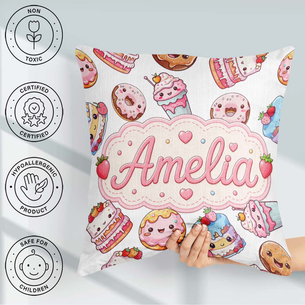 Custom Name Kawaii Cakes Desserts Light Grey Background Seamless Square Filled Cushion Throw Pillow Sofa Bed Home Decor Zip Washable UK Made