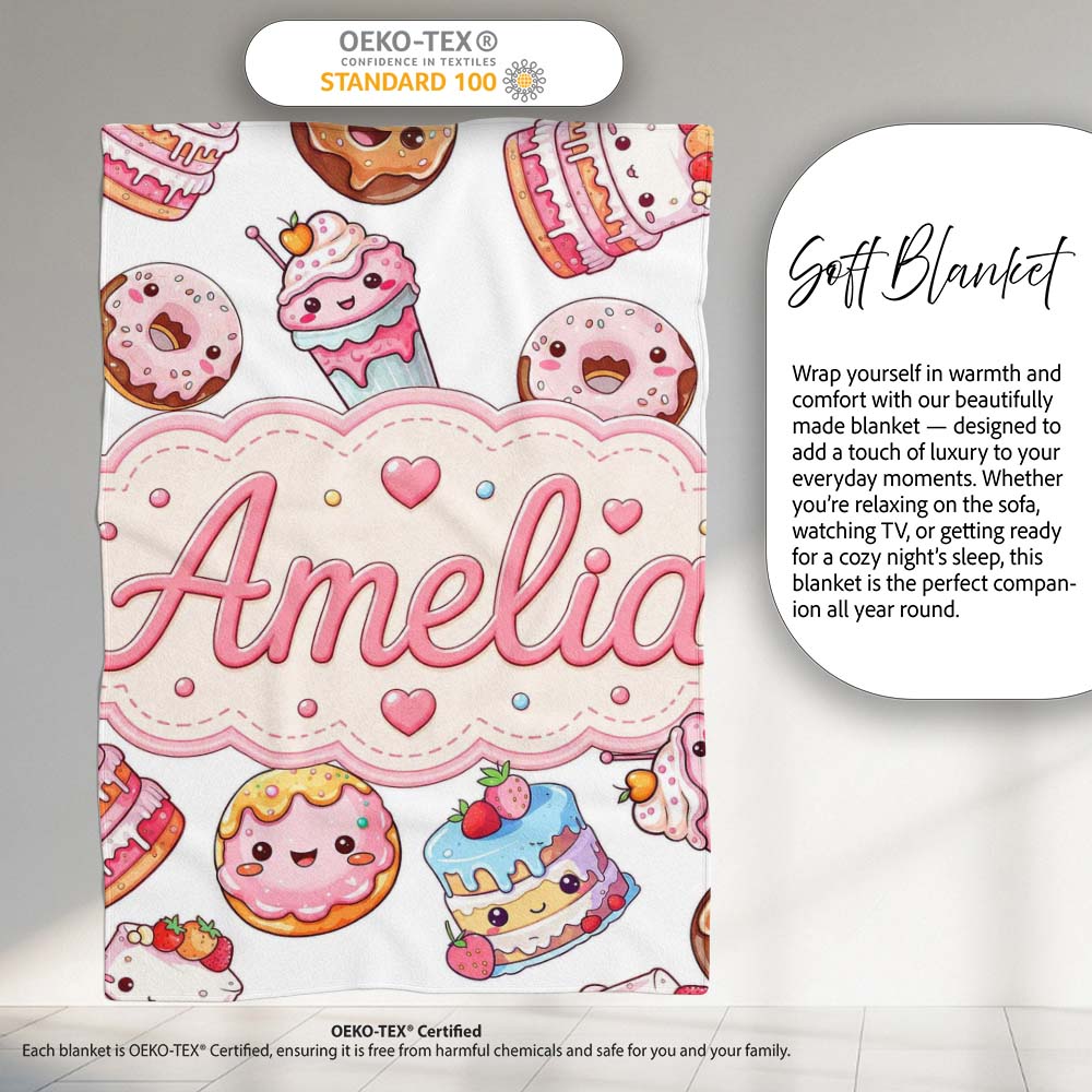 Cute Kawaii Donuts Cakes Desserts Light Grey Background Seamless  Personalised Custom Name Super Soft Fleece Blanket Bed Sofa Throw