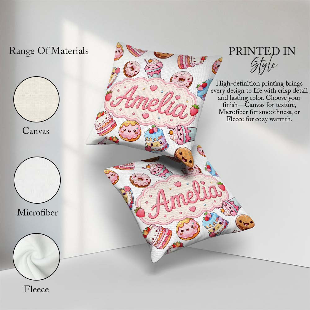 Custom Name Kawaii Cakes Desserts Light Grey Background Seamless Square Filled Cushion Throw Pillow Sofa Bed Home Decor Zip Washable UK Made