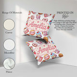 Custom Name Kawaii Cakes Desserts Light Grey Background Seamless Square Filled Cushion Throw Pillow Sofa Bed Home Decor Zip Washable UK Made