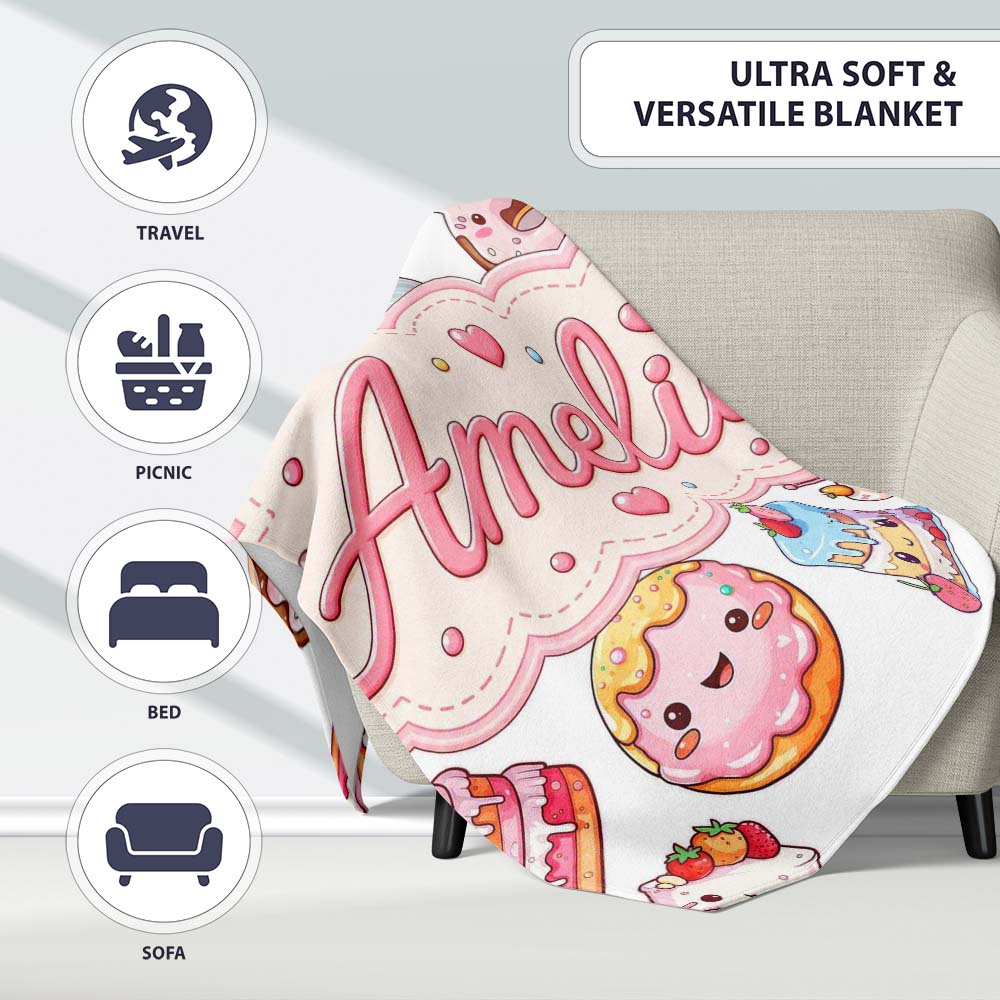 Cute Kawaii Donuts Cakes Desserts Light Grey Background Seamless  Personalised Custom Name Super Soft Fleece Blanket Bed Sofa Throw