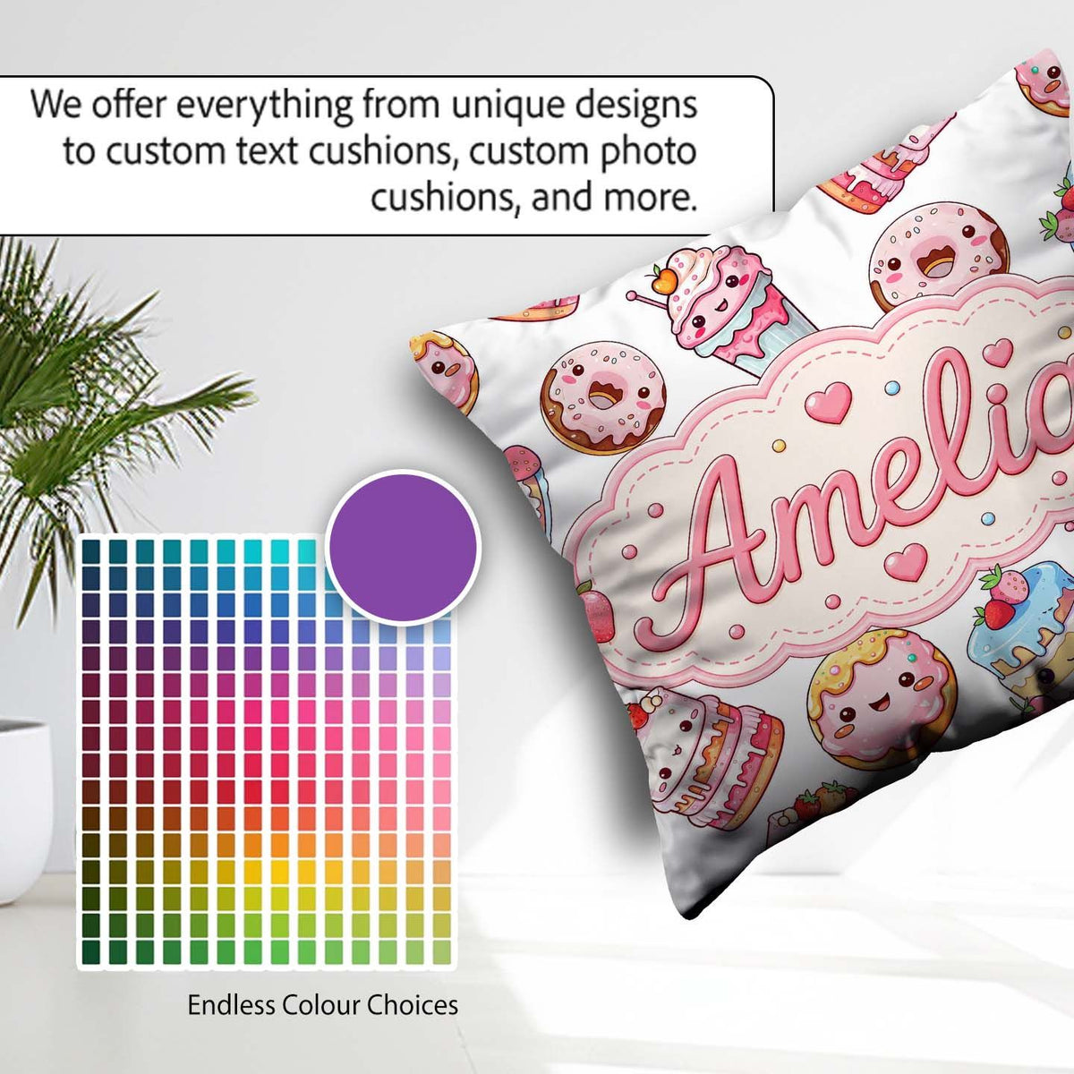 Custom Name Kawaii Cakes Desserts Light Grey Background Seamless Square Filled Cushion Throw Pillow Sofa Bed Home Decor Zip Washable UK Made