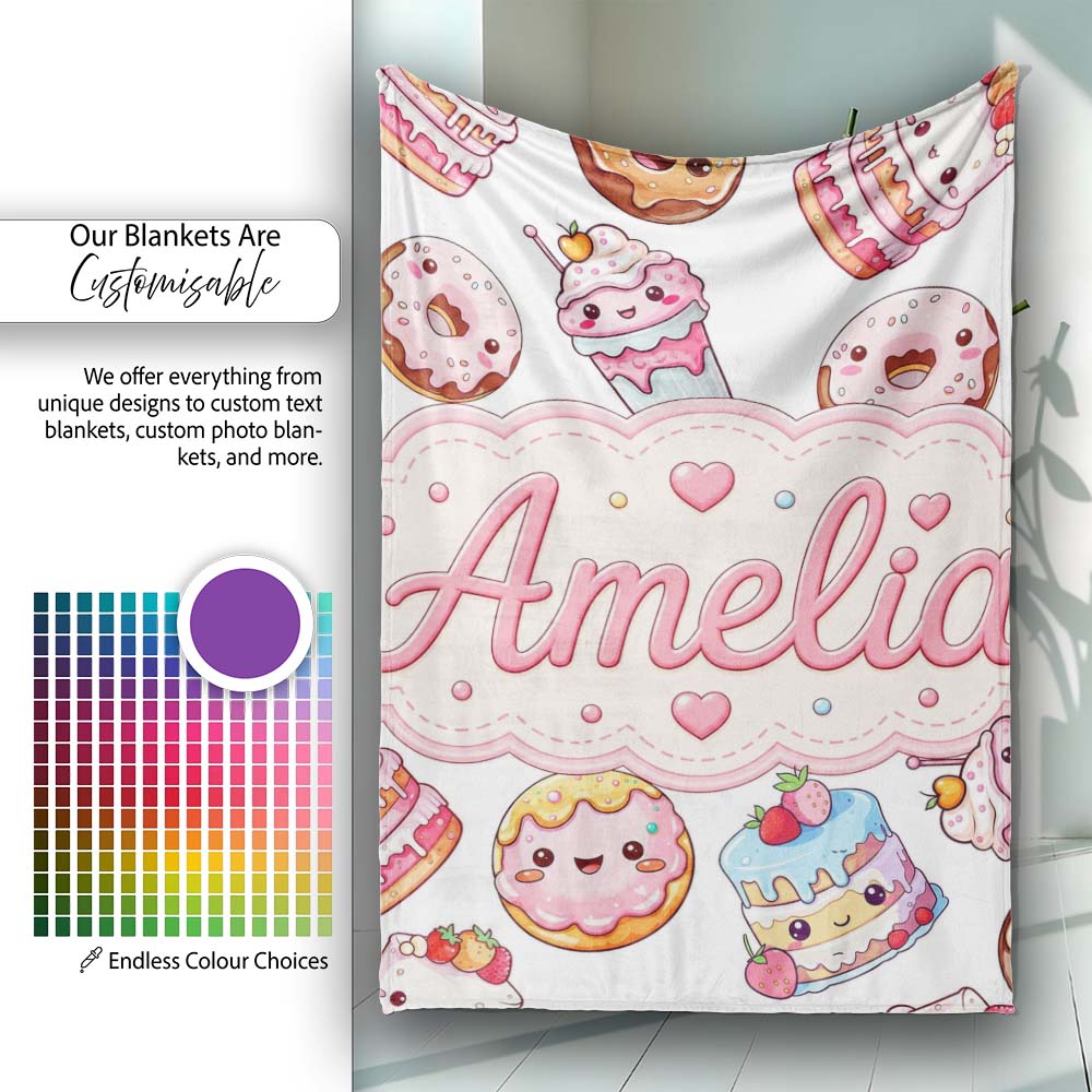 Cute Kawaii Donuts Cakes Desserts Light Grey Background Seamless  Personalised Custom Name Super Soft Fleece Blanket Bed Sofa Throw