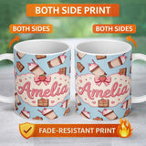 Personalized Custom Name Cute Chocolate Strawberry Milkshake Blue Background Seamless 11oz Ceramic Coffee Tea Mug White Large Handle