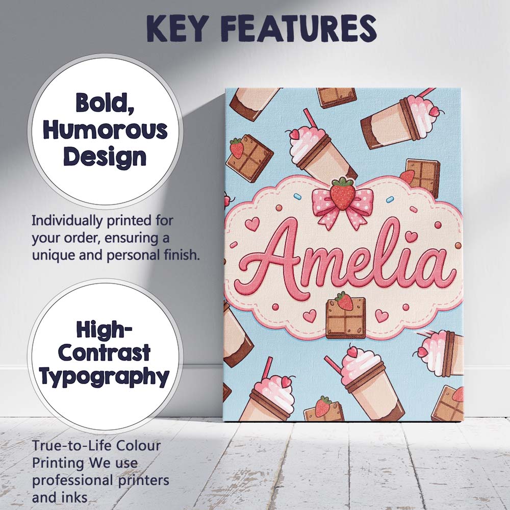 Personalised Name Cute Chocolate Strawberry Custom  Bespoke Interior Contemporary Canvas Wall Art Print Decor Picture Ready to Hang