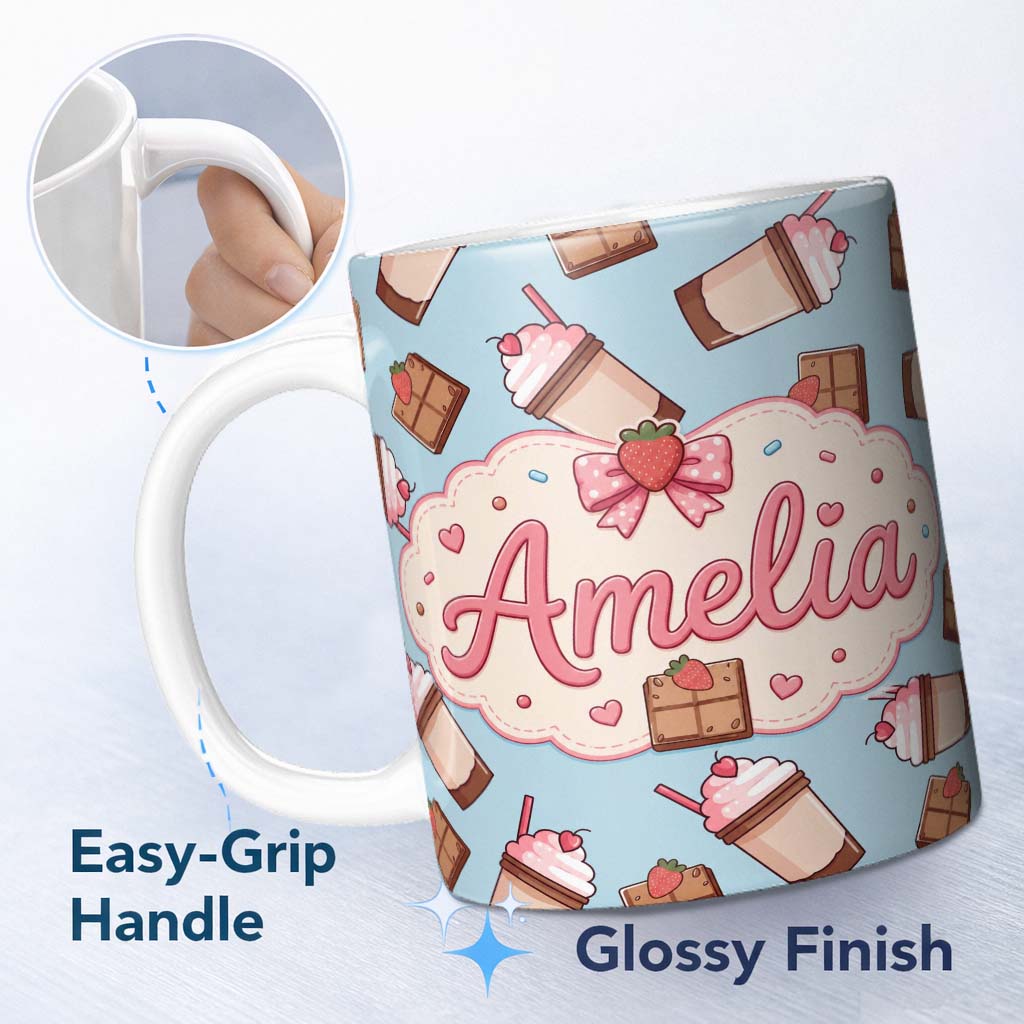 Personalized Custom Name Cute Chocolate Strawberry Milkshake Blue Background Seamless 11oz Ceramic Coffee Tea Mug White Large Handle