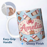 Personalized Custom Name Cute Chocolate Strawberry Milkshake Blue Background Seamless 11oz Ceramic Coffee Tea Mug White Large Handle