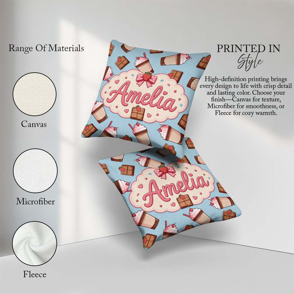 Custom Name Cute Chocolate Strawberry Milkshake Blue Background Square Filled Cushion Throw Pillow Sofa Bed Home Decor Zip Washable UK Made