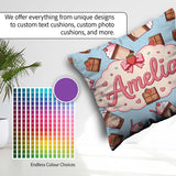 Custom Name Cute Chocolate Strawberry Milkshake Blue Background Square Filled Cushion Throw Pillow Sofa Bed Home Decor Zip Washable UK Made