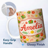 Personalized Custom Name Christmas Gifts Candy Cane Baubles Festive Seamless Pattern Lovely 11oz Ceramic Coffee Tea Mug White Large Handle