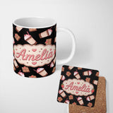Personalized Custom Name Cute Chocolate Strawberry Milkshake Black Background Seamless 11oz Ceramic Coffee Tea Mug White Large Handle