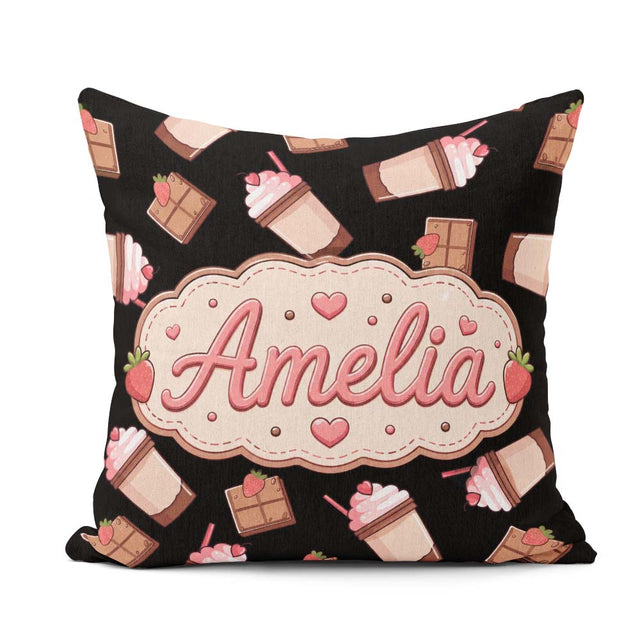 Custom Name Cute Chocolate Strawberry Milkshake Black Background Square Filled Cushion Throw Pillow Sofa Bed Home Decor Zip Washable UK Made