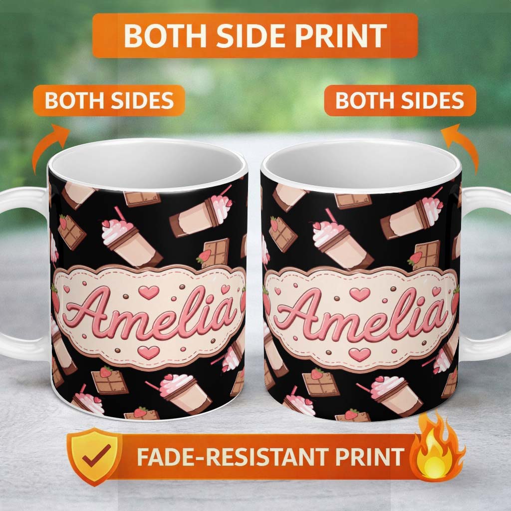 Personalized Custom Name Cute Chocolate Strawberry Milkshake Black Background Seamless 11oz Ceramic Coffee Tea Mug White Large Handle