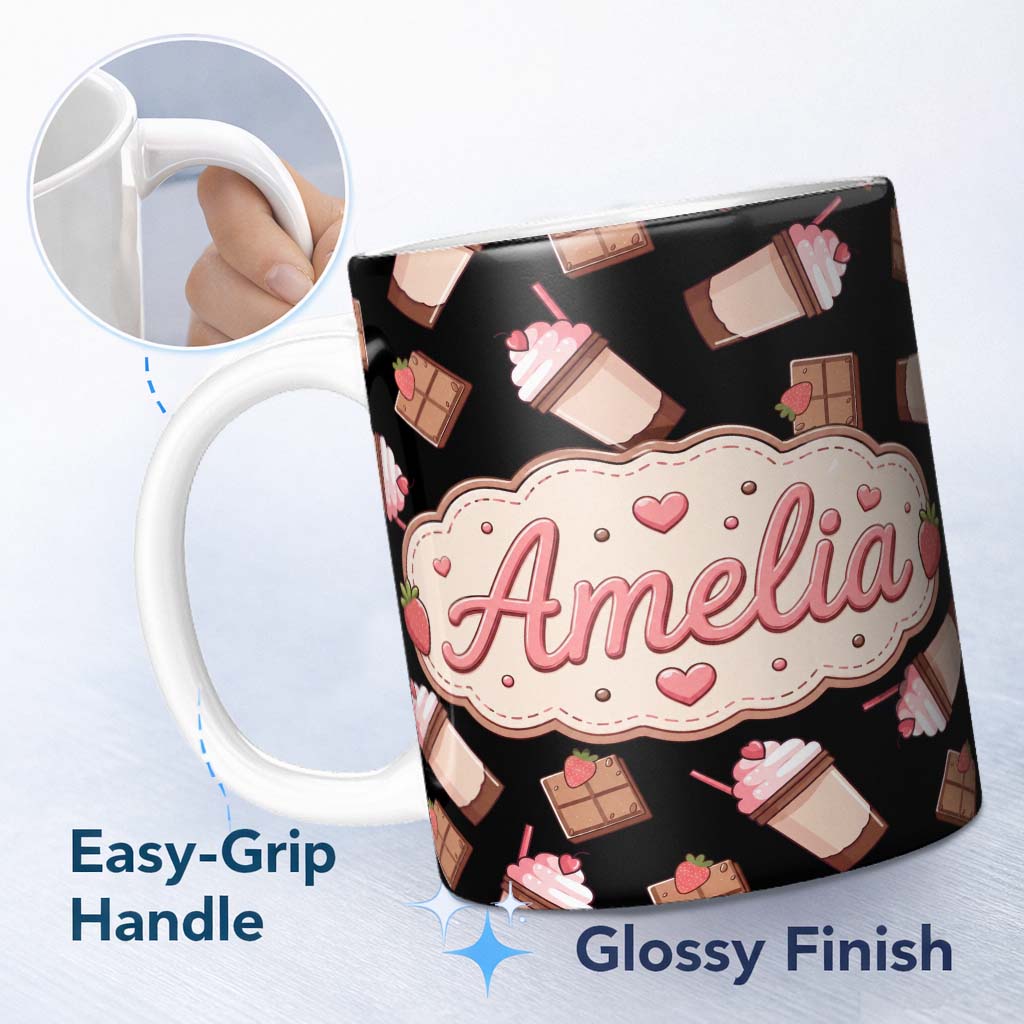 Personalized Custom Name Cute Chocolate Strawberry Milkshake Black Background Seamless 11oz Ceramic Coffee Tea Mug White Large Handle