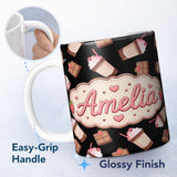 Personalized Custom Name Cute Chocolate Strawberry Milkshake Black Background Seamless 11oz Ceramic Coffee Tea Mug White Large Handle