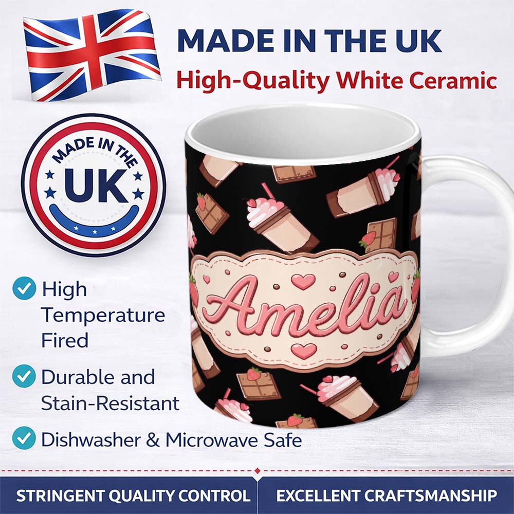 Personalized Custom Name Cute Chocolate Strawberry Milkshake Black Background Seamless 11oz Ceramic Coffee Tea Mug White Large Handle