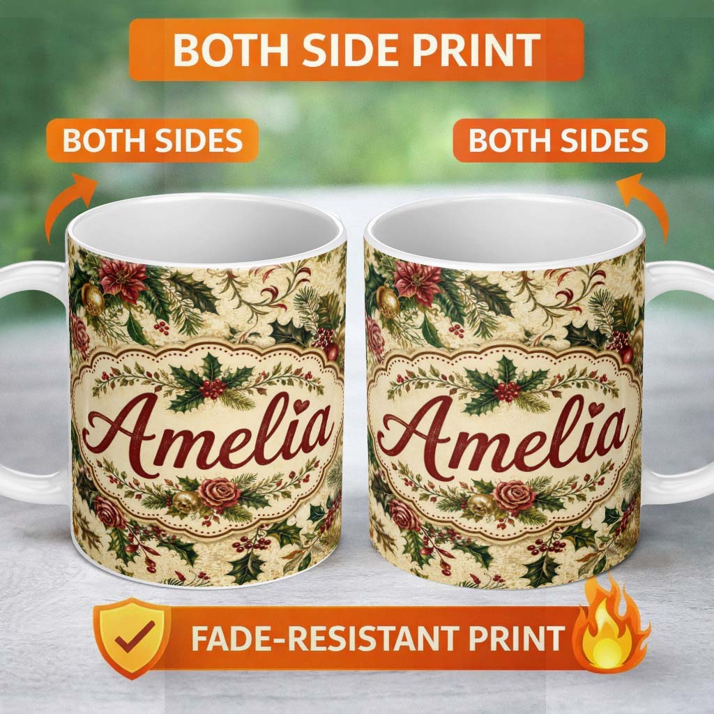Personalized Custom Name Vintage Christmas Holly Berry Floral Elegant Seamless Pattern Lovely 11oz Ceramic Coffee Tea Mug White Large Handle