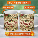 Personalized Custom Name Vintage Christmas Holly Berry Floral Elegant Seamless Pattern Lovely 11oz Ceramic Coffee Tea Mug White Large Handle
