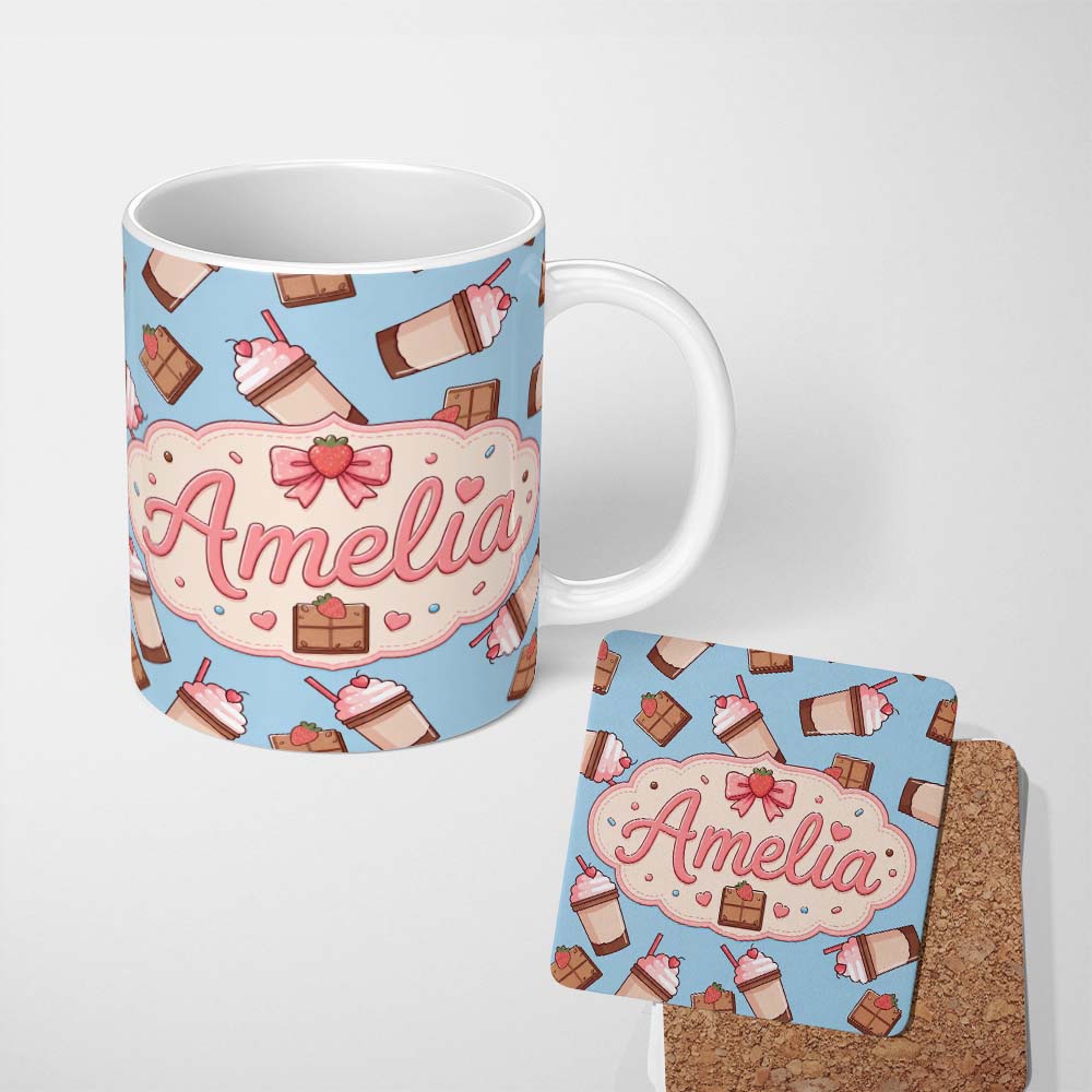 Personalized Custom Name Cute Chocolate Strawberry Milkshake Blue Background Seamless 11oz Ceramic Coffee Tea Mug White Large Handle