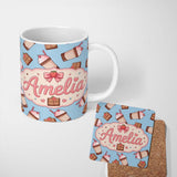 Personalized Custom Name Cute Chocolate Strawberry Milkshake Blue Background Seamless 11oz Ceramic Coffee Tea Mug White Large Handle