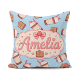 Custom Name Cute Chocolate Strawberry Milkshake Blue Background Square Filled Cushion Throw Pillow Sofa Bed Home Decor Zip Washable UK Made