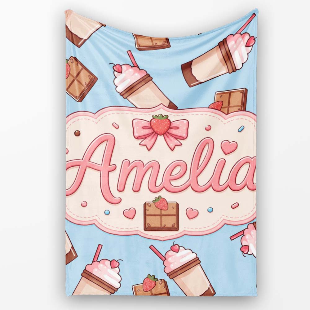 Cute Chocolate Strawberry Milkshake Blue Background Seamless  Personalised Custom Name Super Soft Fleece Blanket Bed Sofa Throw