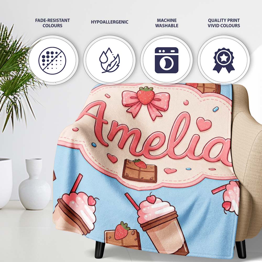 Cute Chocolate Strawberry Milkshake Blue Background Seamless  Personalised Custom Name Super Soft Fleece Blanket Bed Sofa Throw