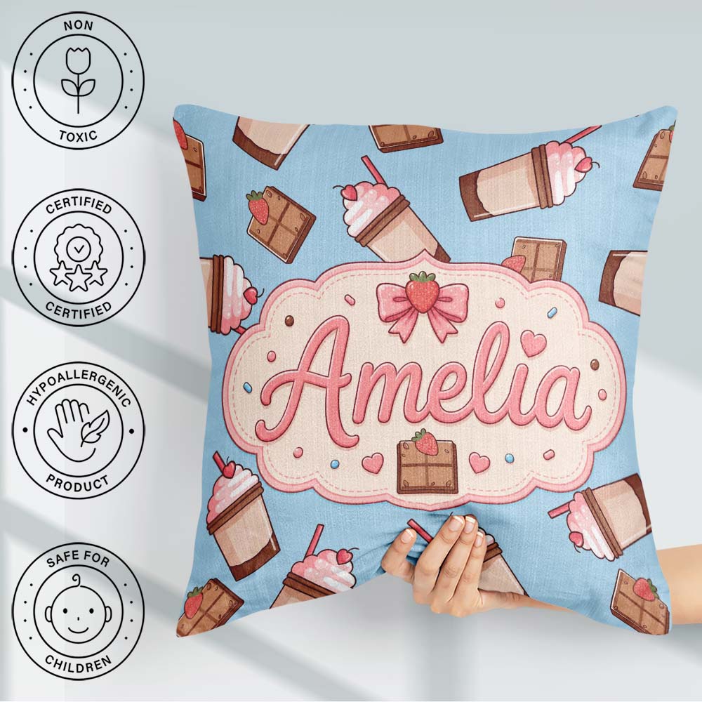 Custom Name Cute Chocolate Strawberry Milkshake Blue Background Square Filled Cushion Throw Pillow Sofa Bed Home Decor Zip Washable UK Made
