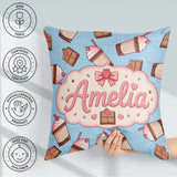 Custom Name Cute Chocolate Strawberry Milkshake Blue Background Square Filled Cushion Throw Pillow Sofa Bed Home Decor Zip Washable UK Made